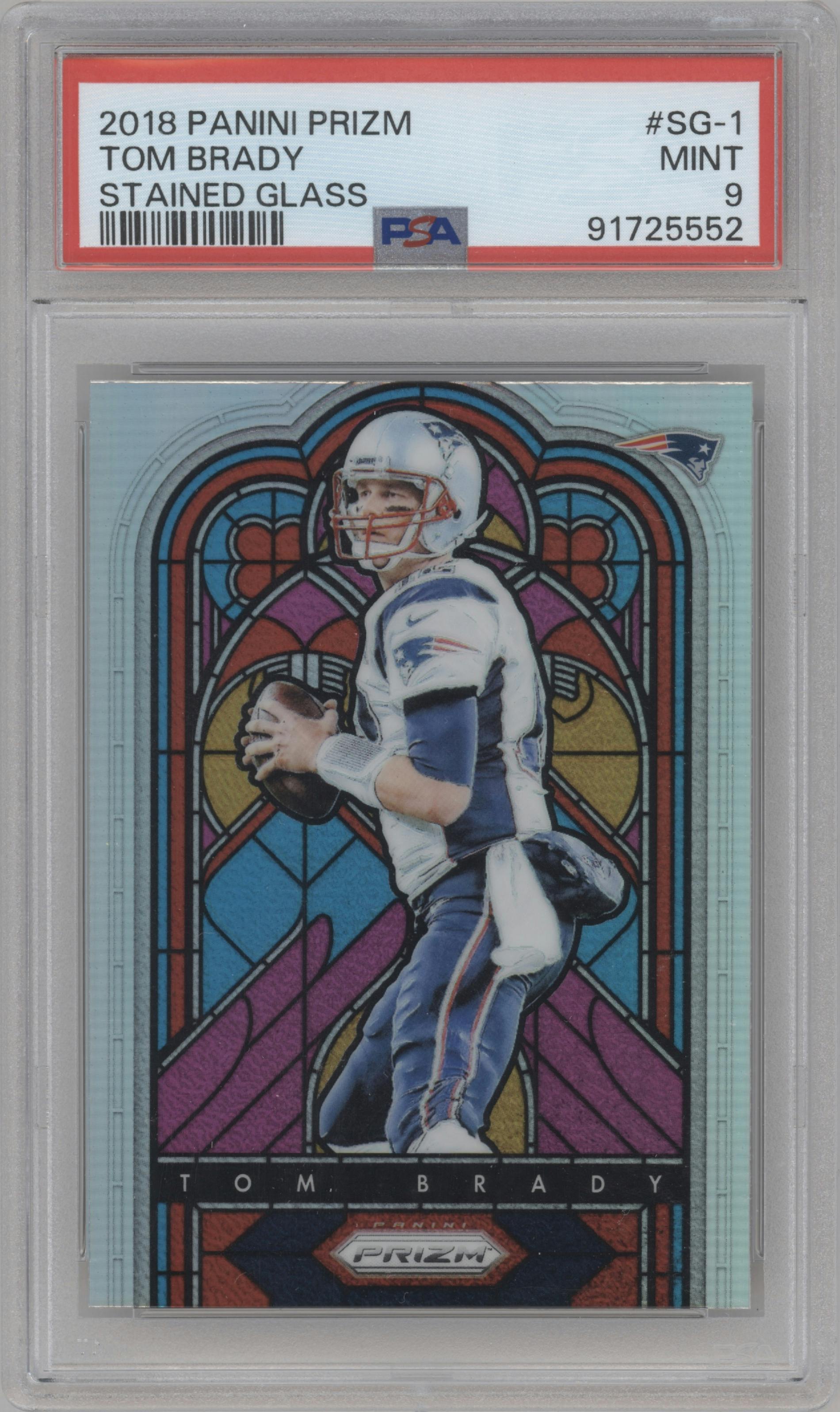 Tom Brady from the 2018 Panini Prizm set graded by PSA and given an overall grade of 9.