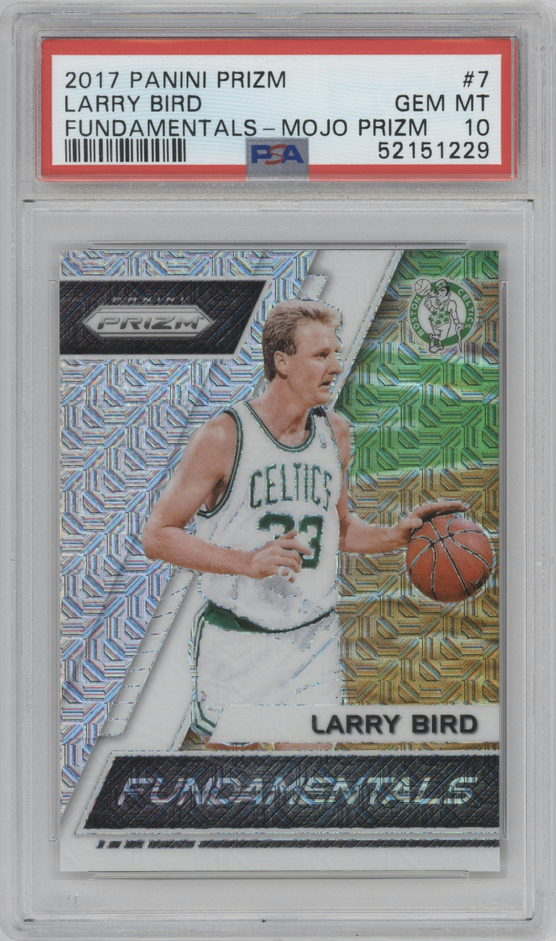 Larry Bird from the 2017-18 Panini Prizm  set featuring a Mojo Prizm parallel graded by PSA and given an overall grade of 10.