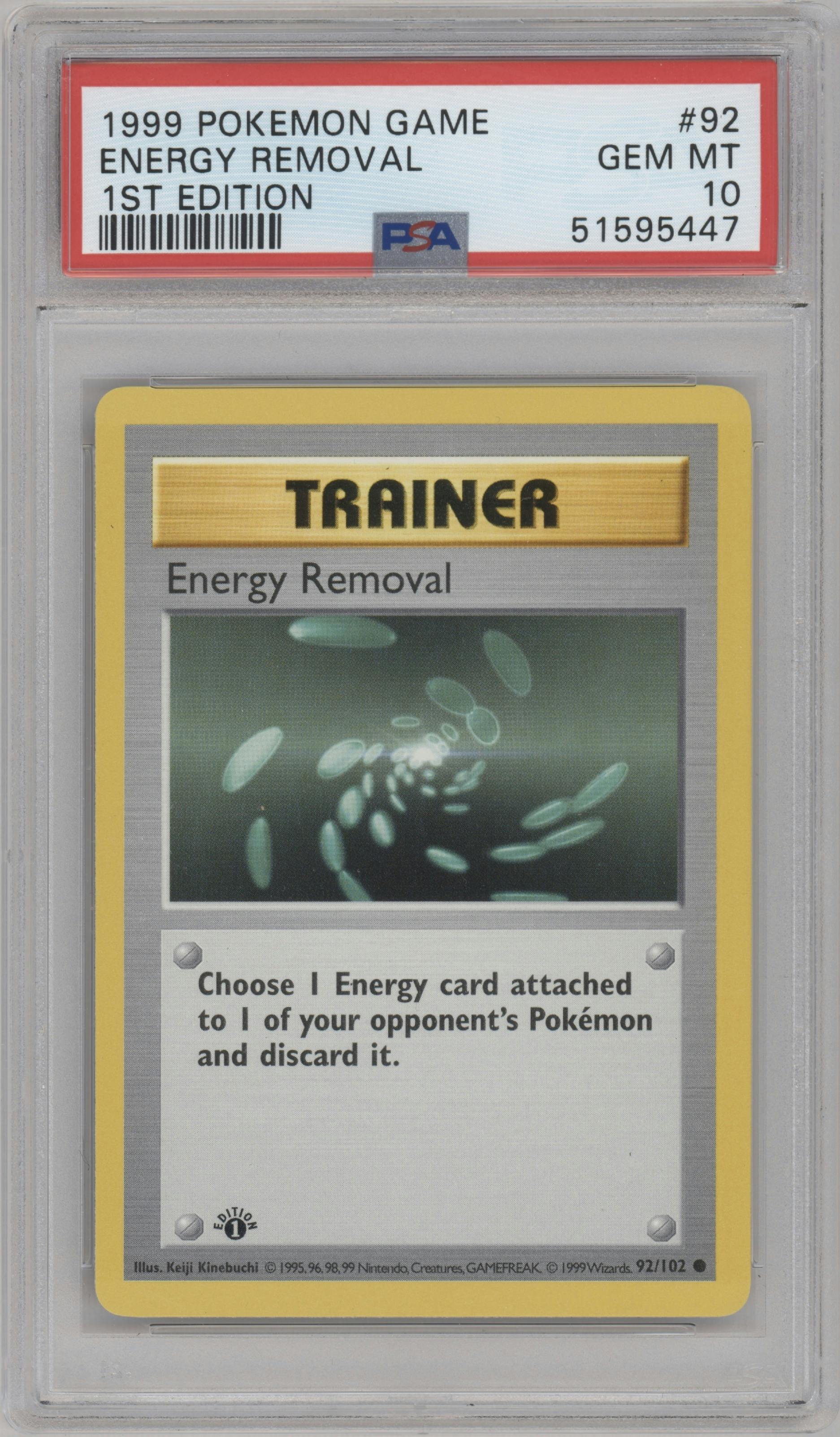 Energy Removal from the 1999 Pokemon set graded by PSA and given an overall grade of 10.