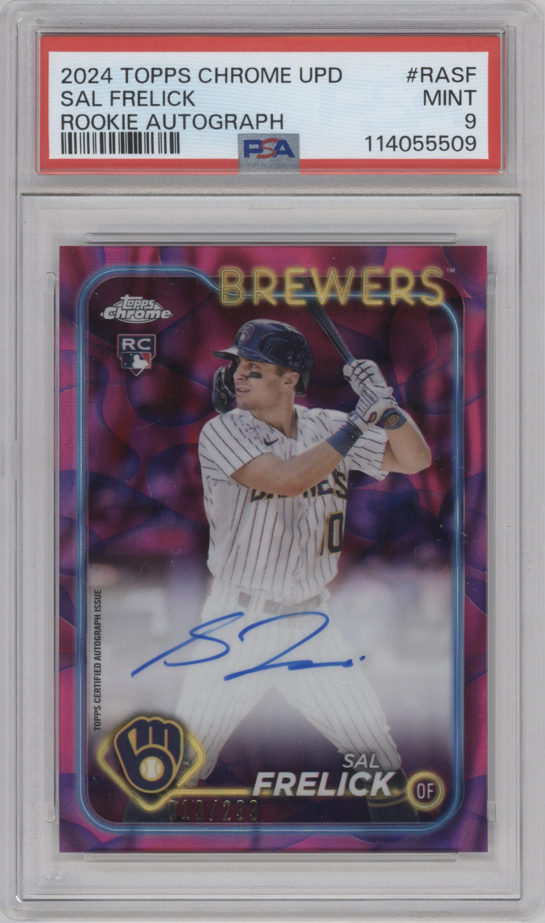 2024 Topps Chrome Update Rke.Au. Sal Frelick Lava Lamp Magenta / Purple Refractor #RA-SF PSA 9