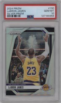 LeBron James from the 2024-25 Panini Prizm set featuring a Silver Prizm parallel graded by PSA and given an overall grade of 10.