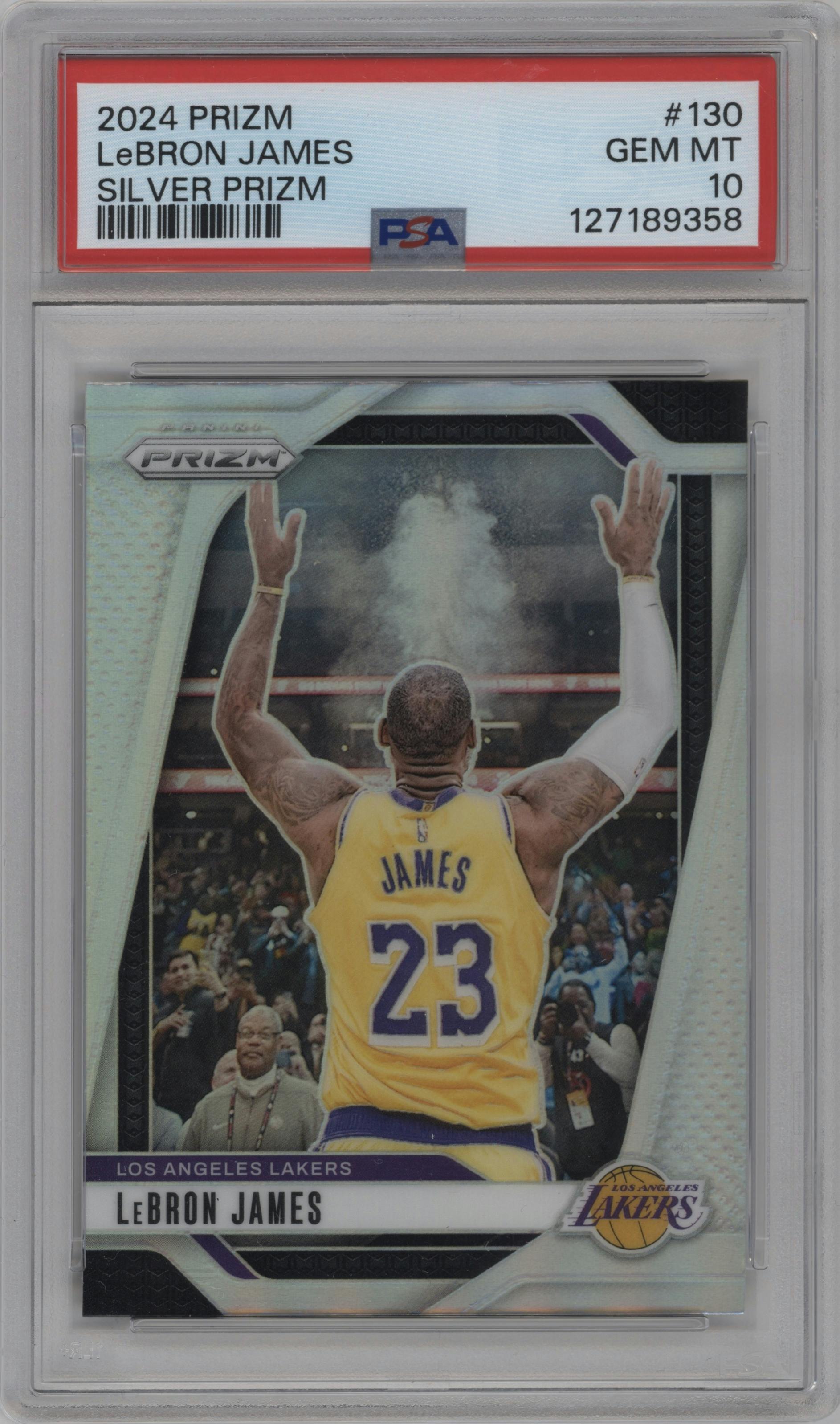 LeBron James from the 2024-25 Panini Prizm set featuring a Silver Prizm parallel graded by PSA and given an overall grade of 10.