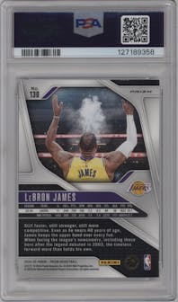 LeBron James from the 2024-25 Panini Prizm set featuring a Silver Prizm parallel graded by PSA and given an overall grade of 10.