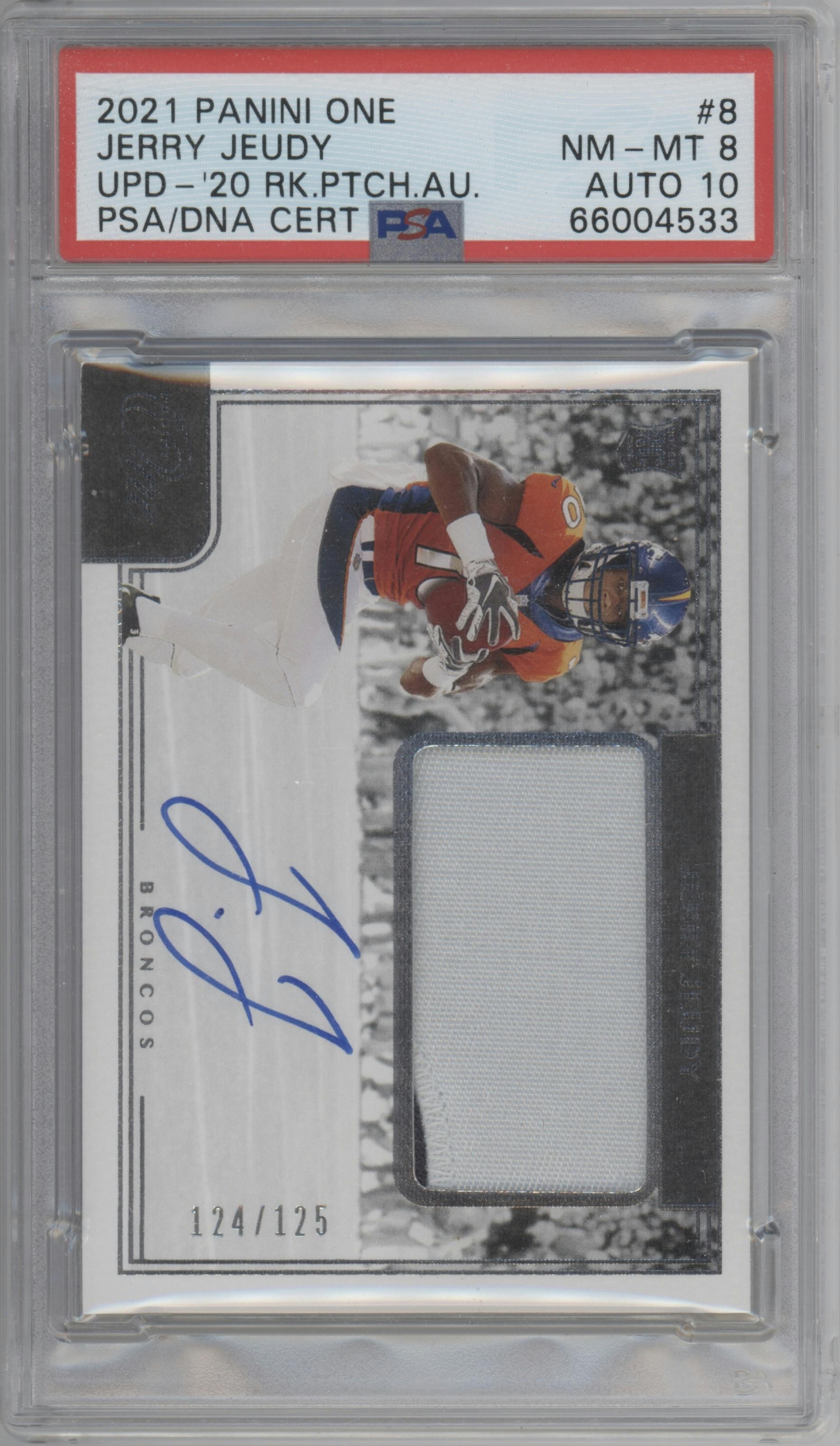 Jerry Jeudy from the 2021 Panini One set graded by PSA and given an overall grade of 8.