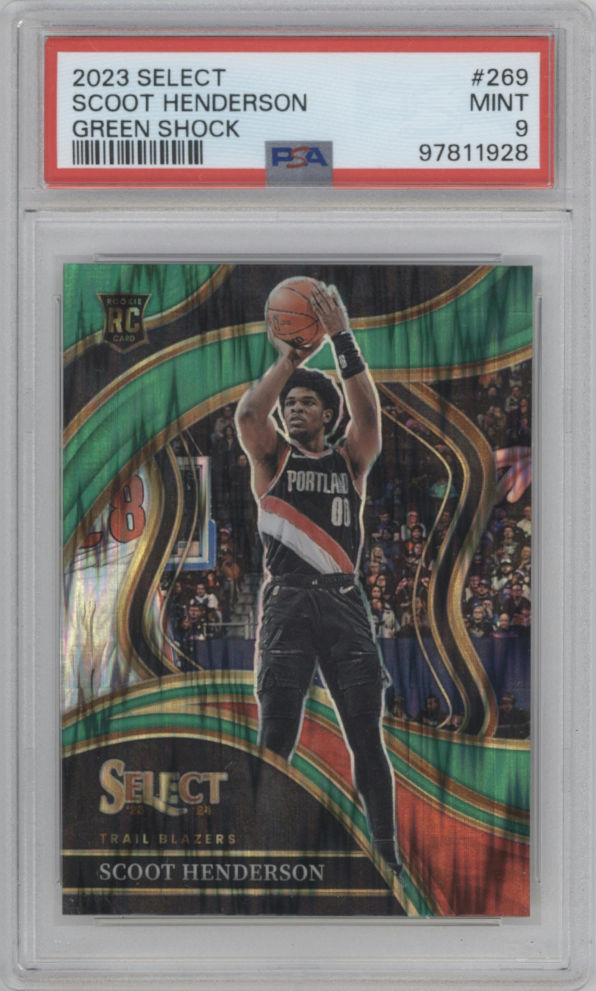 Scoot Henderson from the 2023-24 Panini Select  set featuring a Green Shock parallel graded by PSA and given an overall grade of 9.