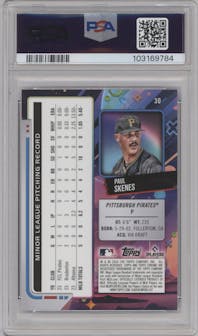 Paul Skenes from the 2024 Topps Cosmic Chrome set featuring a Blue Moon Refractor parallel graded by PSA and given an overall grade of 9.