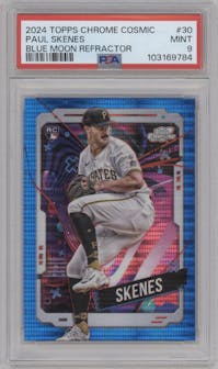 Paul Skenes from the 2024 Topps Cosmic Chrome set featuring a Blue Moon Refractor parallel graded by PSA and given an overall grade of 9.