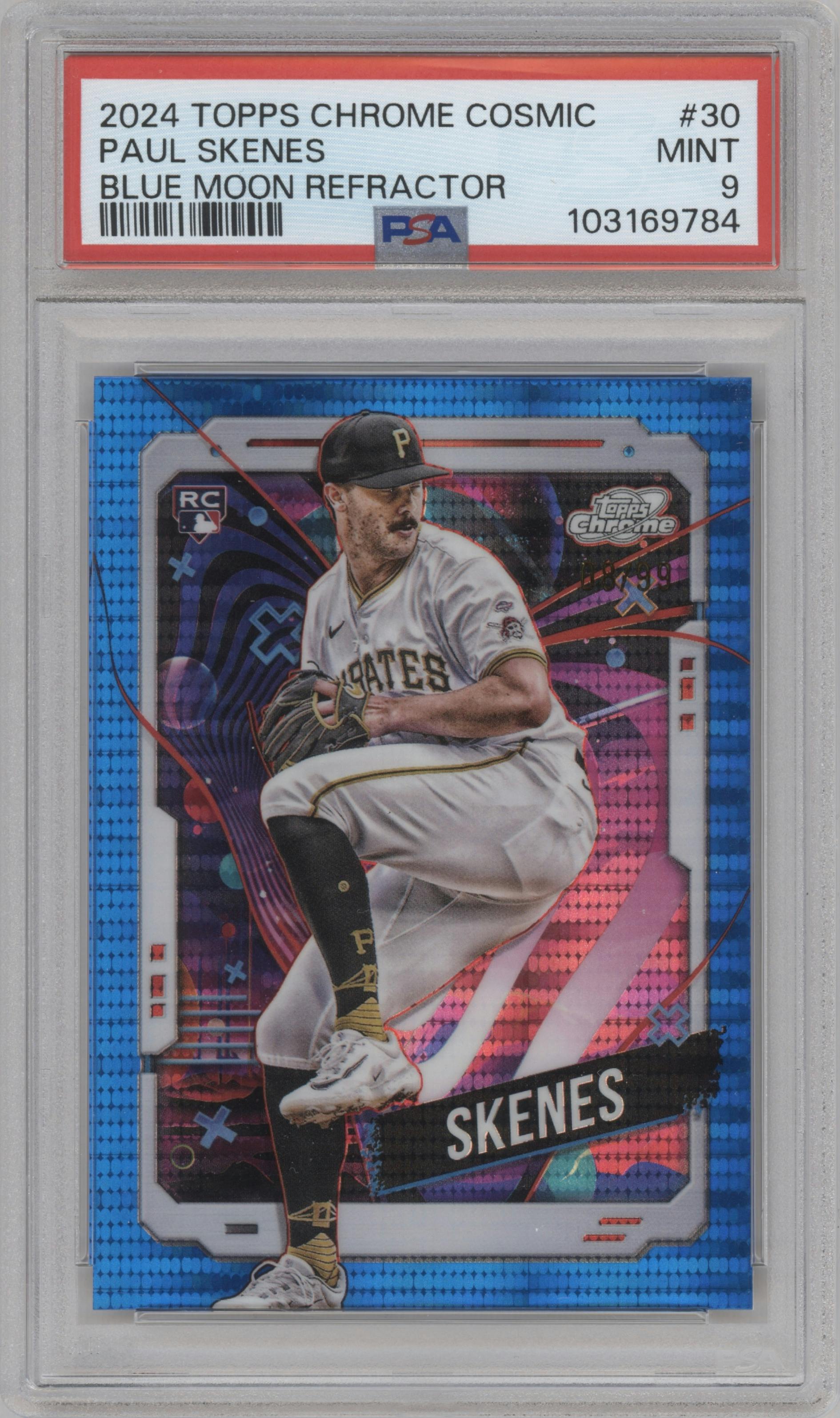 Paul Skenes from the 2024 Topps Cosmic Chrome set featuring a Blue Moon Refractor parallel graded by PSA and given an overall grade of 9.