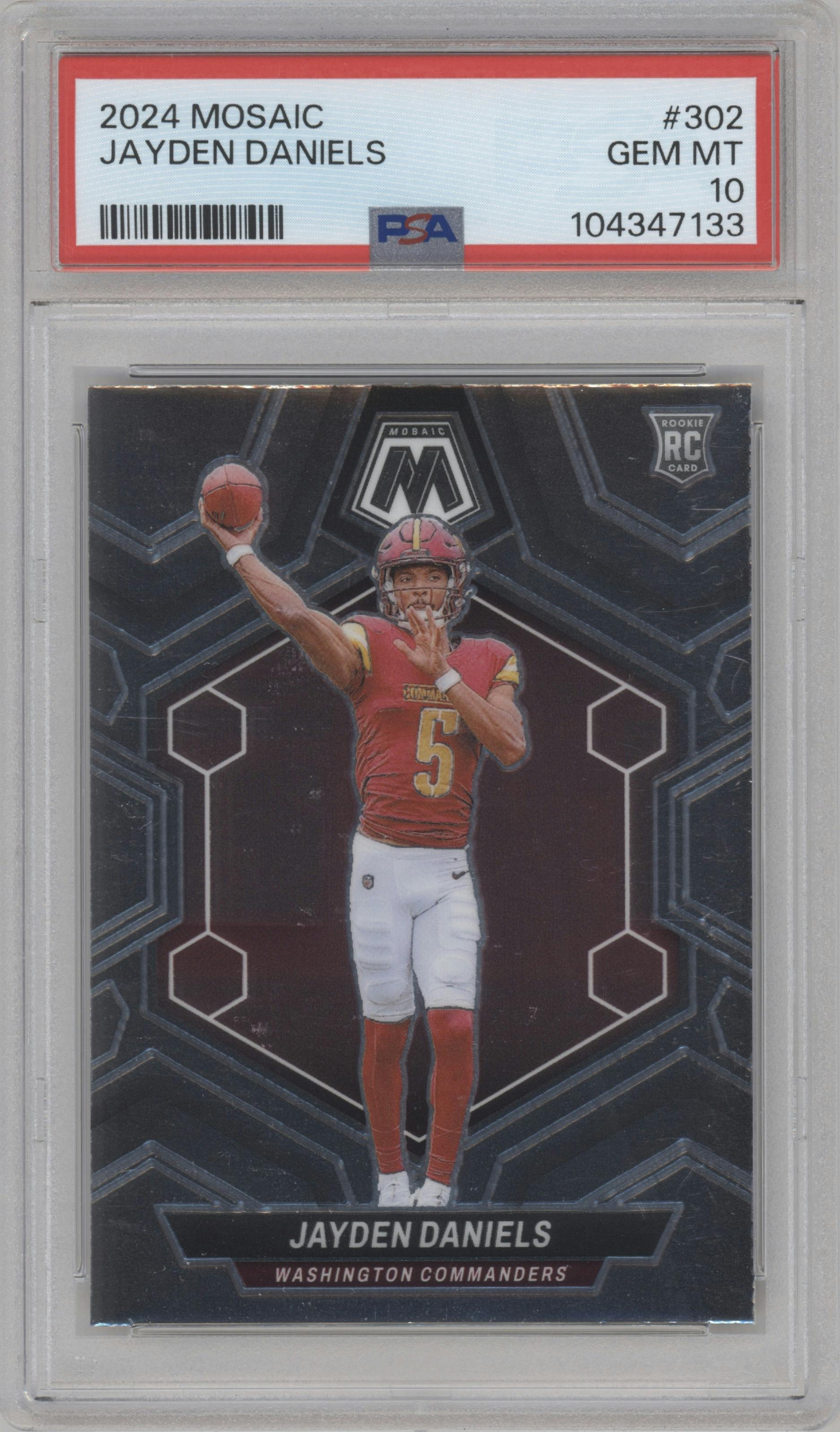 Jayden Daniels from the 2024 Panini Mosaic set graded by PSA and given an overall grade of 10.