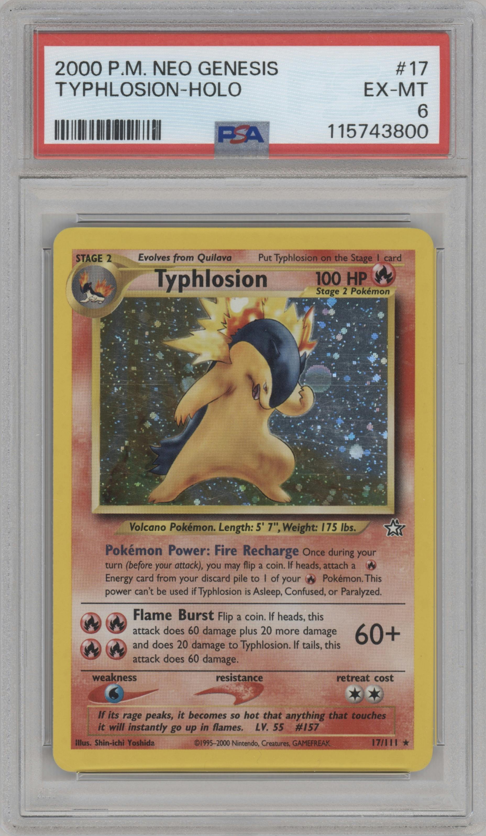 Typhlosion from the 2000 Pokemon Neo Genesis set graded by PSA and given an overall grade of 6.