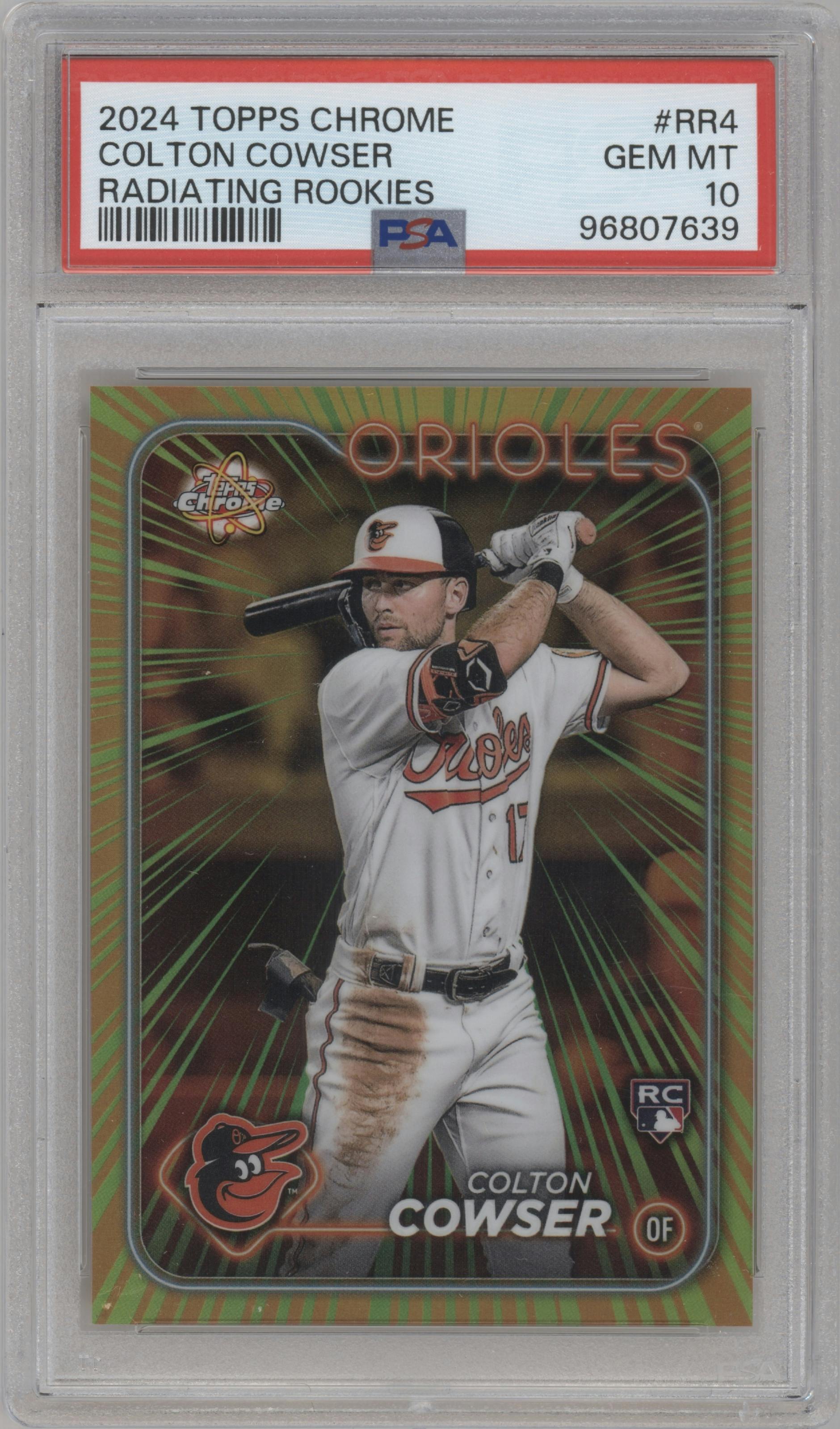 Colton Cowser from the 2024 Topps Chrome set graded by PSA and given an overall grade of 10.