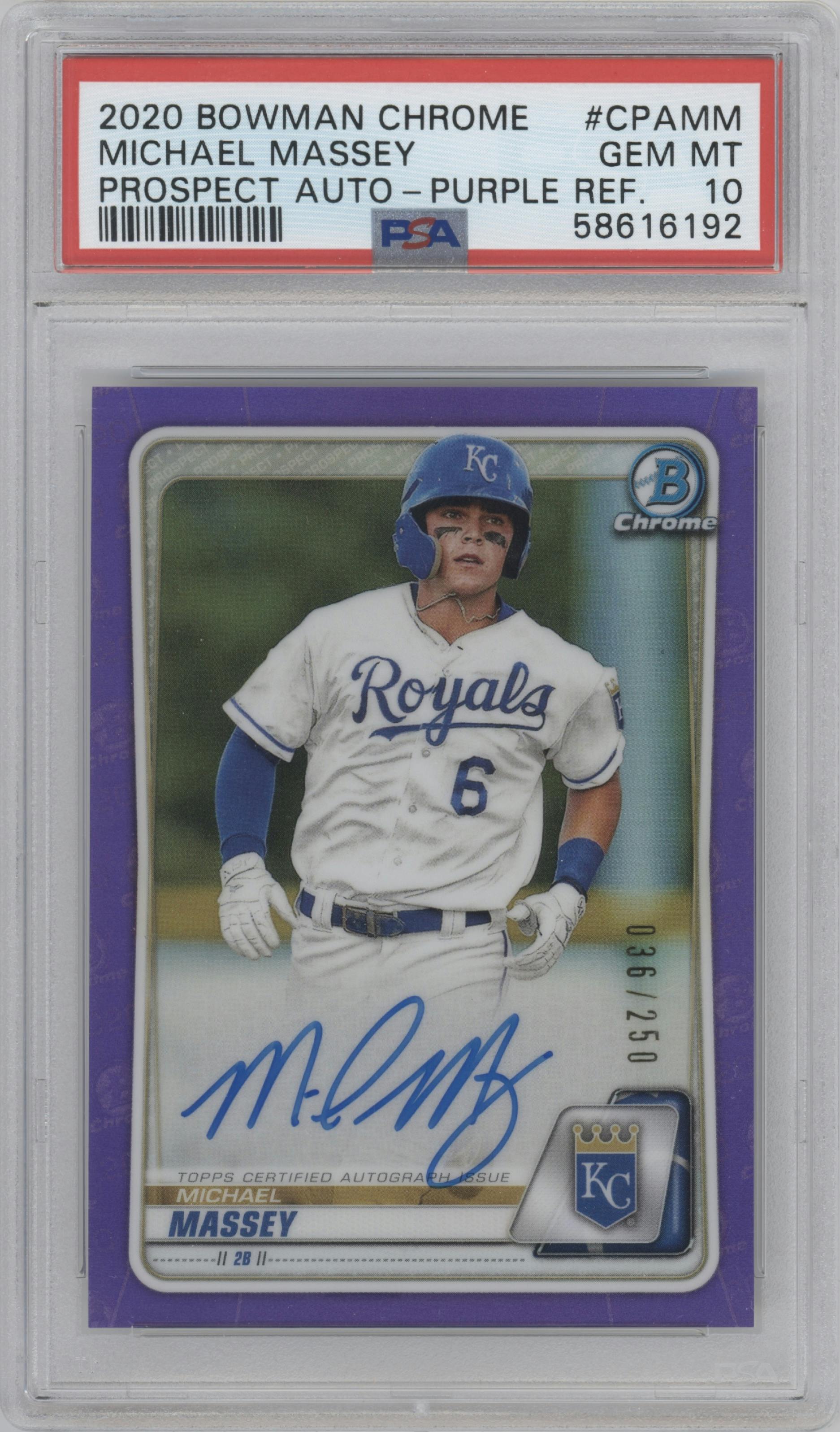 Michael Massey from the 2020 Bowman Chrome set featuring a Purple Refractor  parallel graded by PSA and given an overall grade of 10.