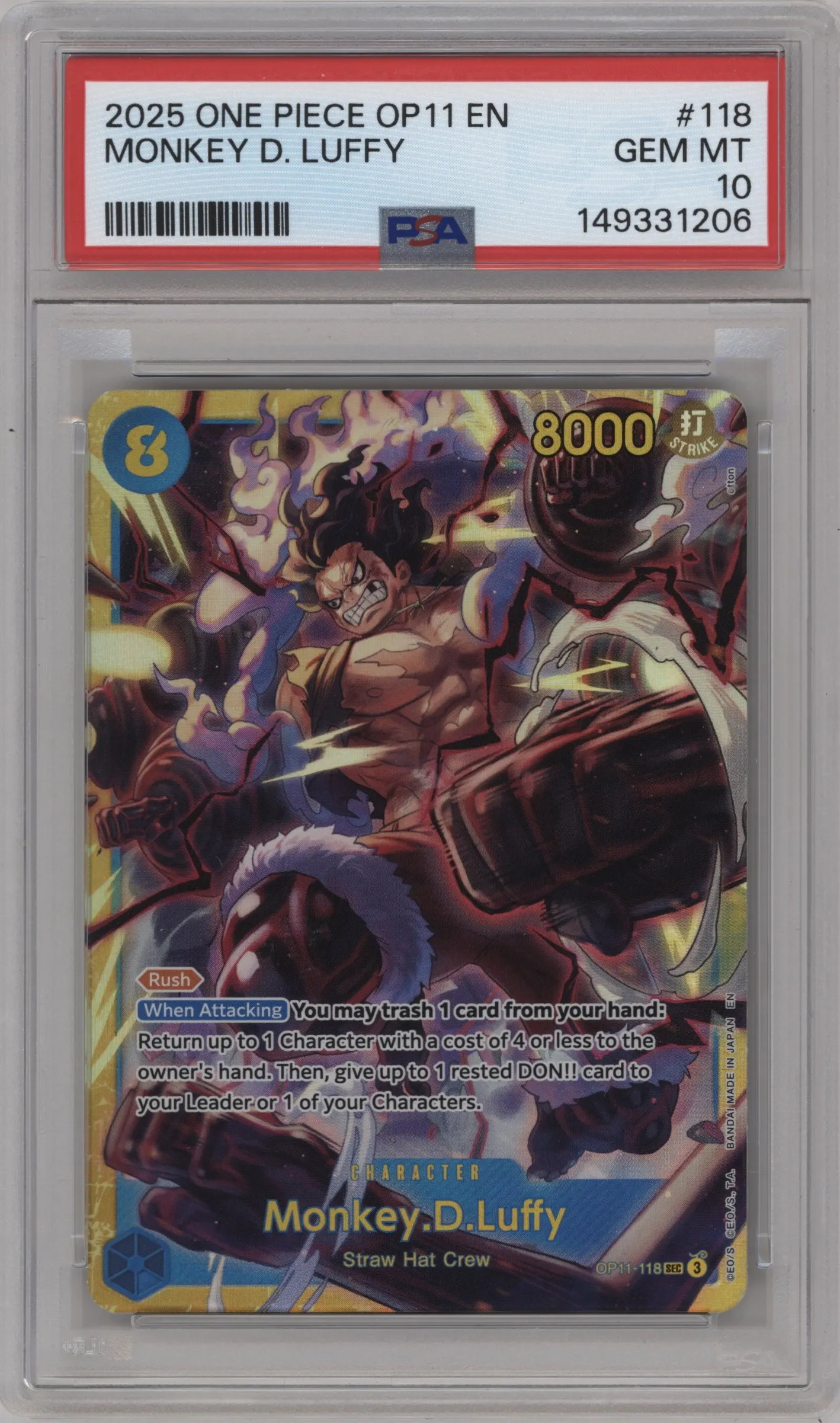 2025 One Piece A Fist of Divine Speed Monkey.D.Luffy SEC #OP11-118 SEC PSA 10