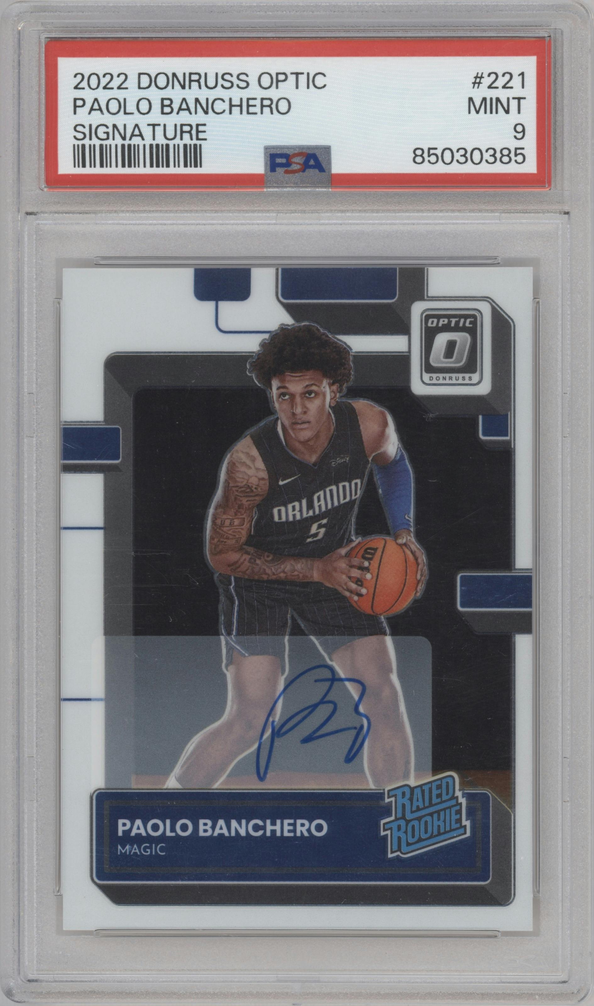 Paolo Banchero from the 2022-23 Panini Donruss Optic  set graded by PSA and given an overall grade of 9.