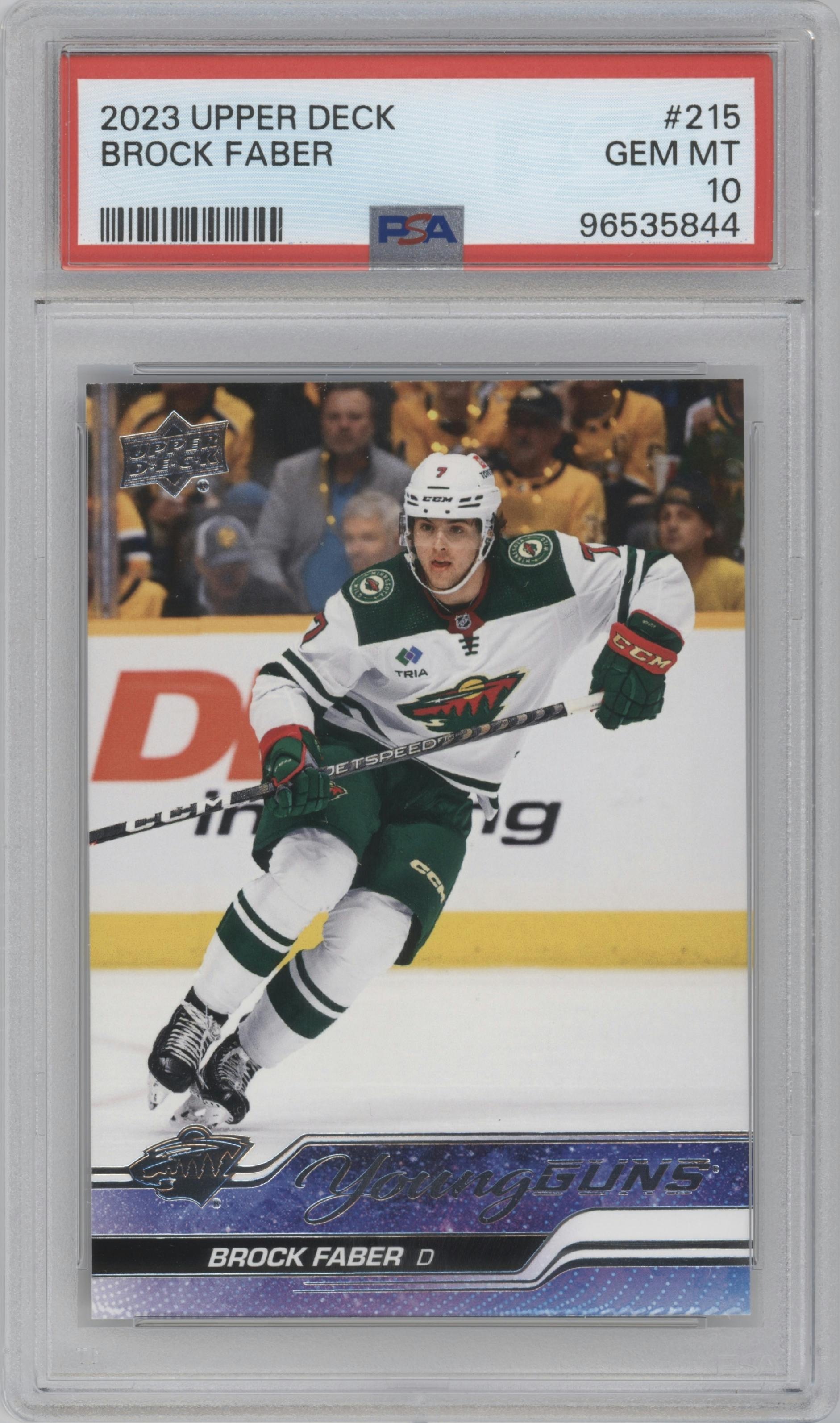 Brock Faber from the 2023-24 Upper Deck Series 1 set graded by PSA and given an overall grade of 10.