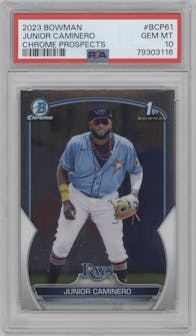 Junior Caminero from the 2023 Bowman  set graded by PSA and given an overall grade of 10.