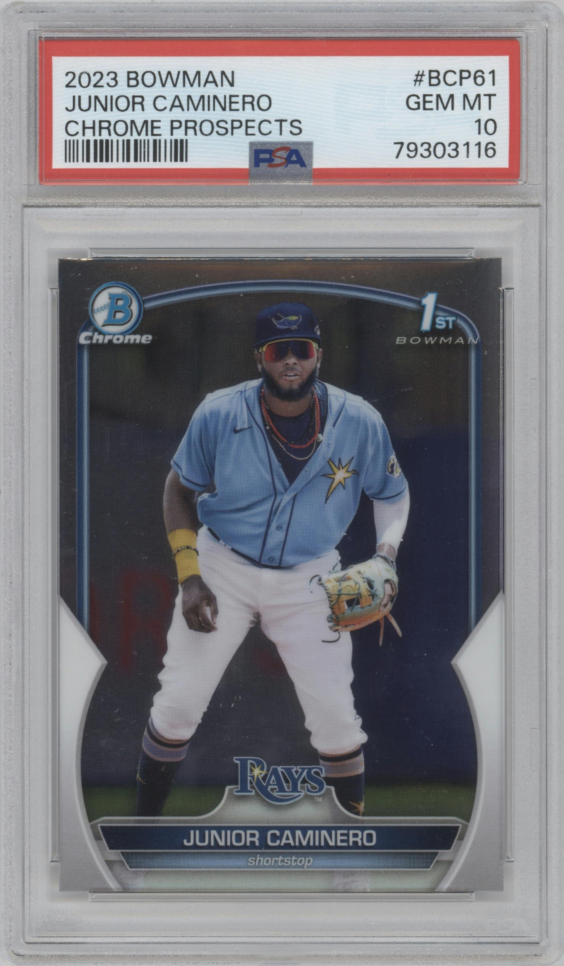 Junior Caminero from the 2023 Bowman  set graded by PSA and given an overall grade of 10.