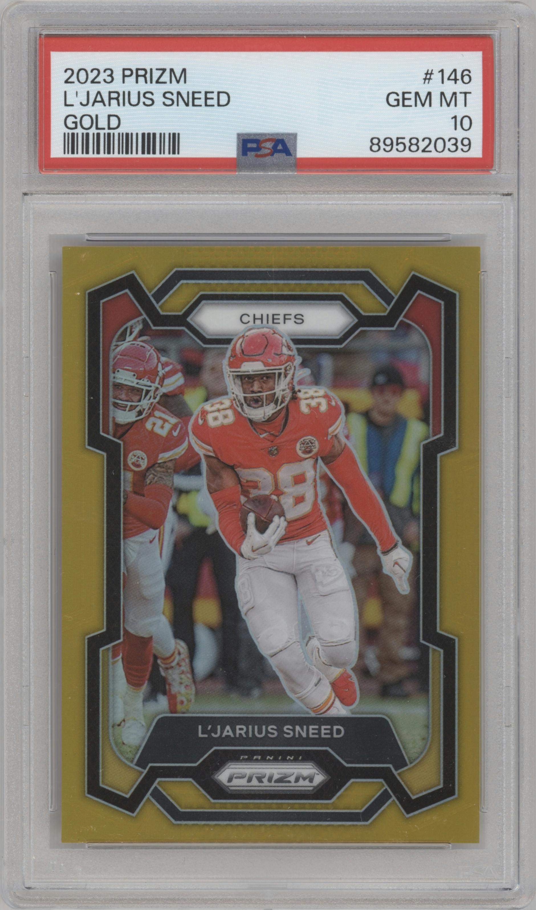 L'Jarius Sneed from the 2023 Panini Prizm set featuring a Gold Prizm parallel graded by PSA and given an overall grade of 10.