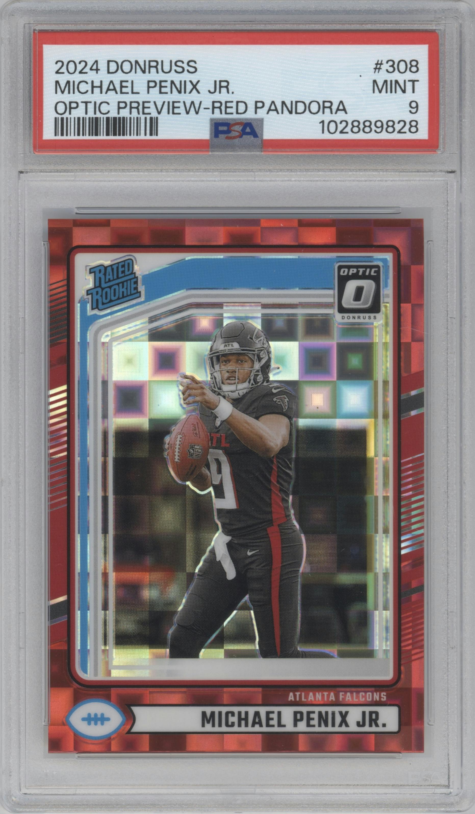 Michael Penix Jr.  from the 2024 Donruss set featuring a Red Pandora parallel graded by PSA and given an overall grade of 9.