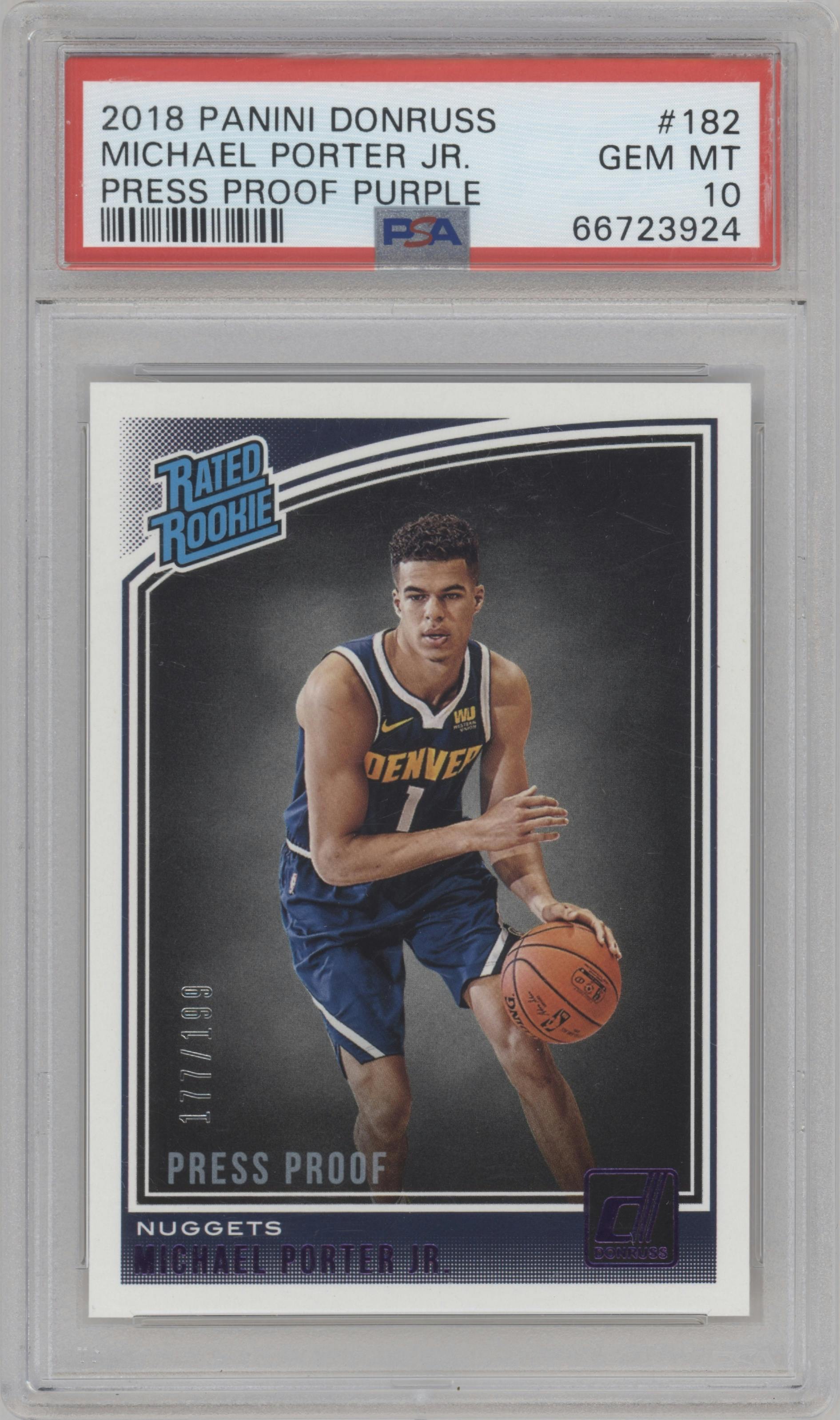 Michael Porter Jr. from the 2018-19 Panini Donruss  set featuring a Press Proof Purple parallel graded by PSA and given an overall grade of 10.