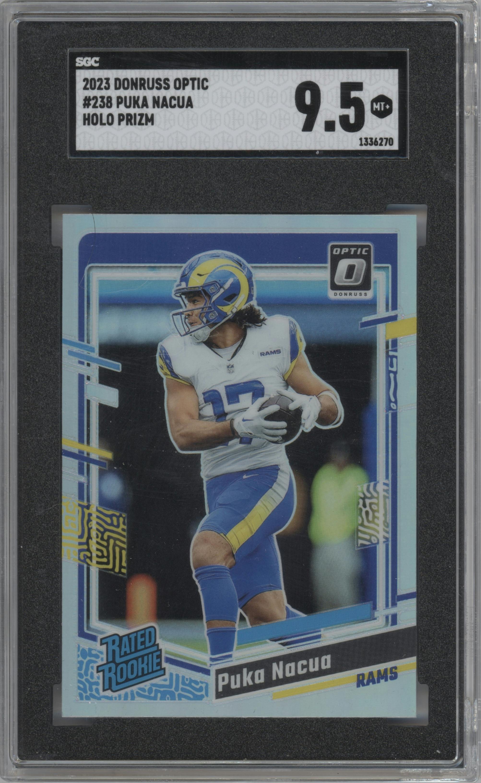 Puka Nacua from the 2023 Donruss Optic set featuring a Holo parallel graded by SGC and given an overall grade of 9.5.