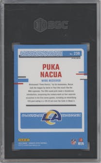 Puka Nacua from the 2023 Donruss Optic set featuring a Holo parallel graded by SGC and given an overall grade of 9.5.