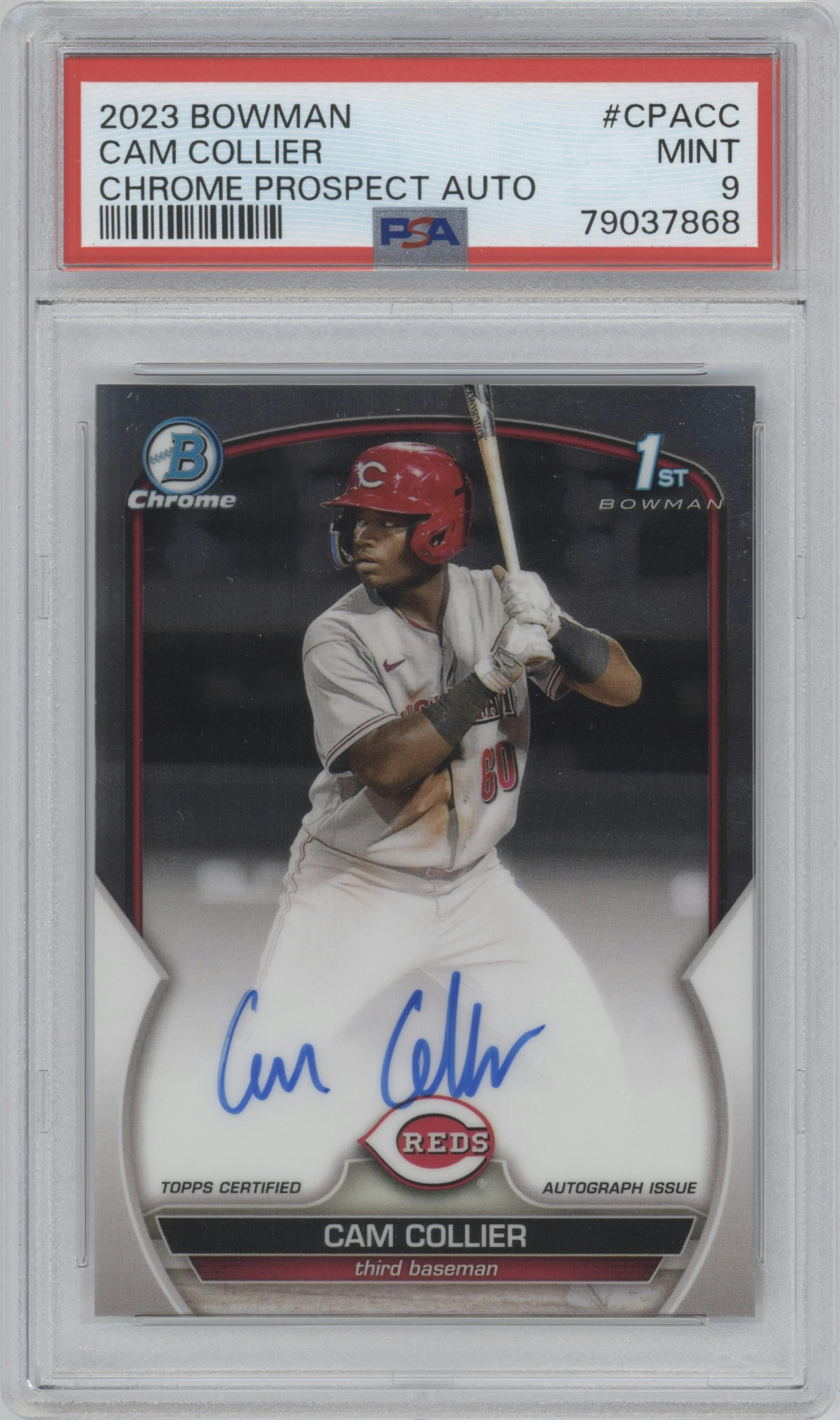 Cam Collier from the 2023 Bowman  set graded by PSA and given an overall grade of 9.