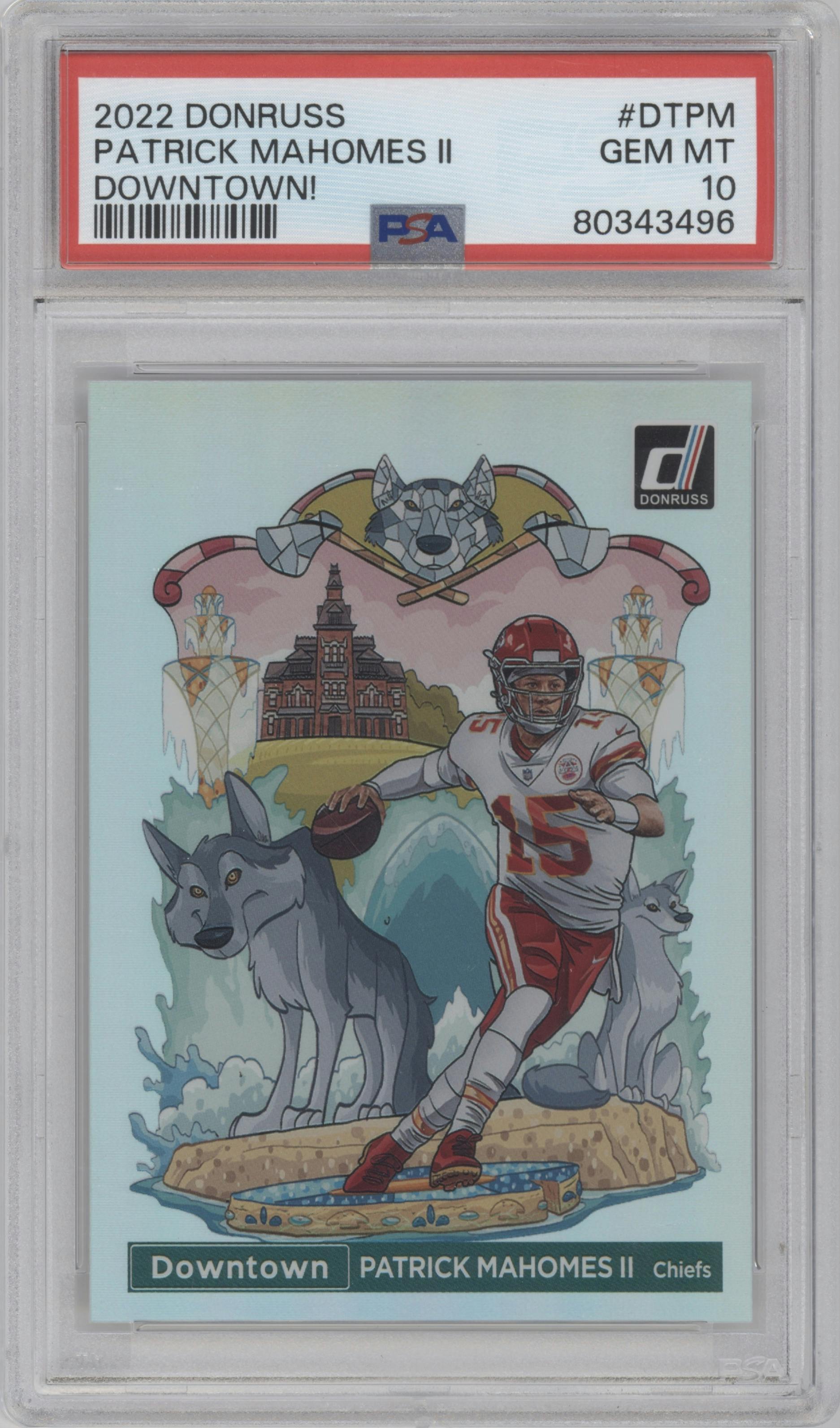 Patrick Mahomes II from the 2022 Panini Donruss set graded by PSA and given an overall grade of 10.