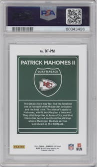 Patrick Mahomes II from the 2022 Panini Donruss set graded by PSA and given an overall grade of 10.