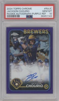 Jackson Chourio from the 2024 Topps Chrome set featuring a Purple Refractor parallel graded by PSA and given an overall grade of 10.