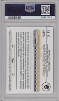 Jackson Chourio from the 2024 Topps Chrome set featuring a Purple Refractor parallel graded by PSA and given an overall grade of 10.