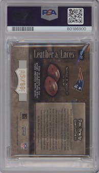 Tom Brady from the 2002 Playoff Absolute Memorabilia set featuring a Combos parallel graded by PSA and given an overall grade of 8.