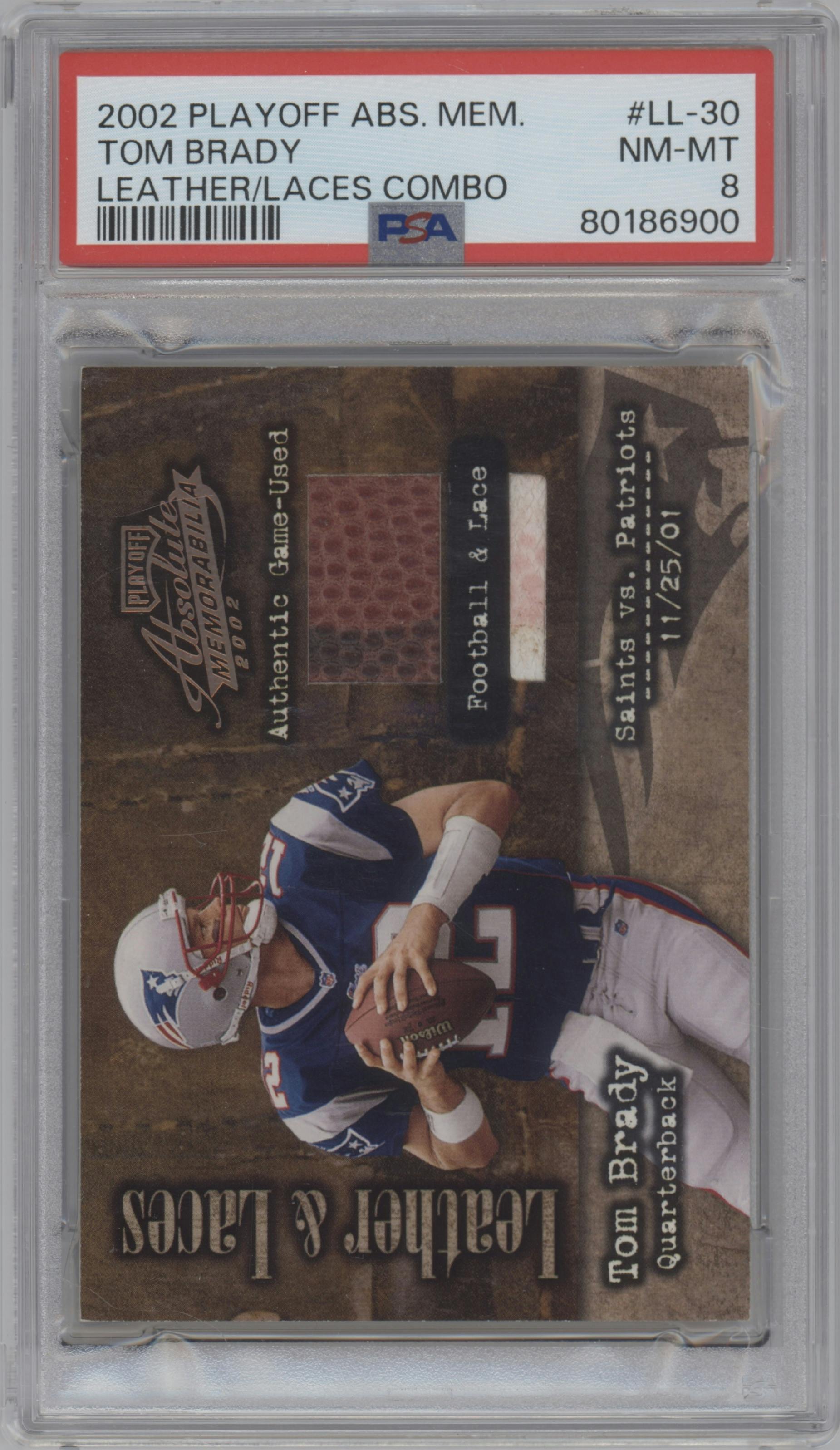 Tom Brady from the 2002 Playoff Absolute Memorabilia set featuring a Combos parallel graded by PSA and given an overall grade of 8.