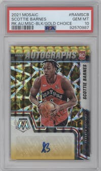 Scottie Barnes from the 2021-22 Panini Mosaic set featuring a Choice Black Gold parallel graded by PSA and given an overall grade of 10.