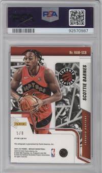 Scottie Barnes from the 2021-22 Panini Mosaic  set featuring a Choice Black Gold parallel graded by PSA and given an overall grade of 10.