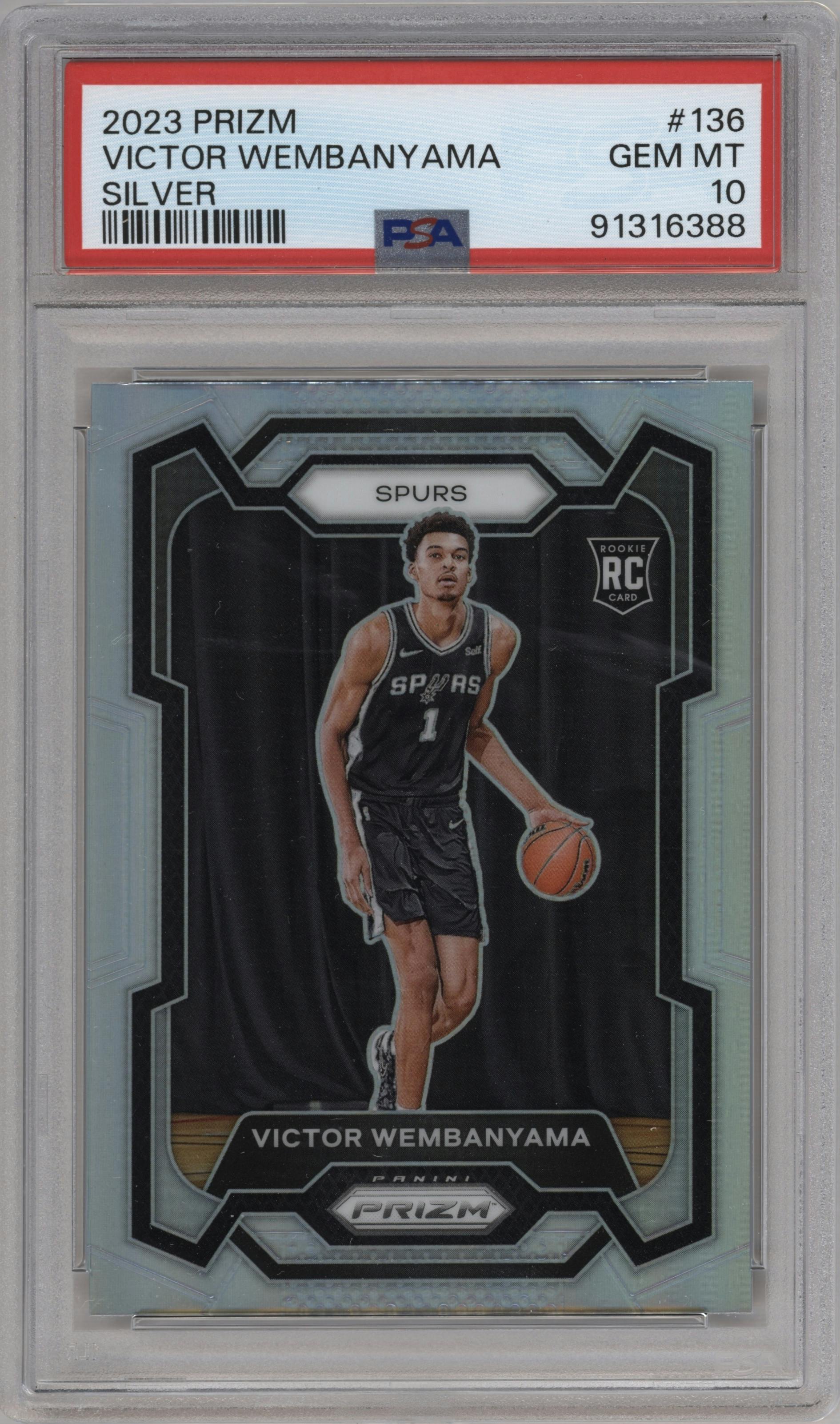 Victor Wembanyama from the 2023-24 Panini Prizm set featuring a Silver Prizm  parallel graded by PSA and given an overall grade of 10.