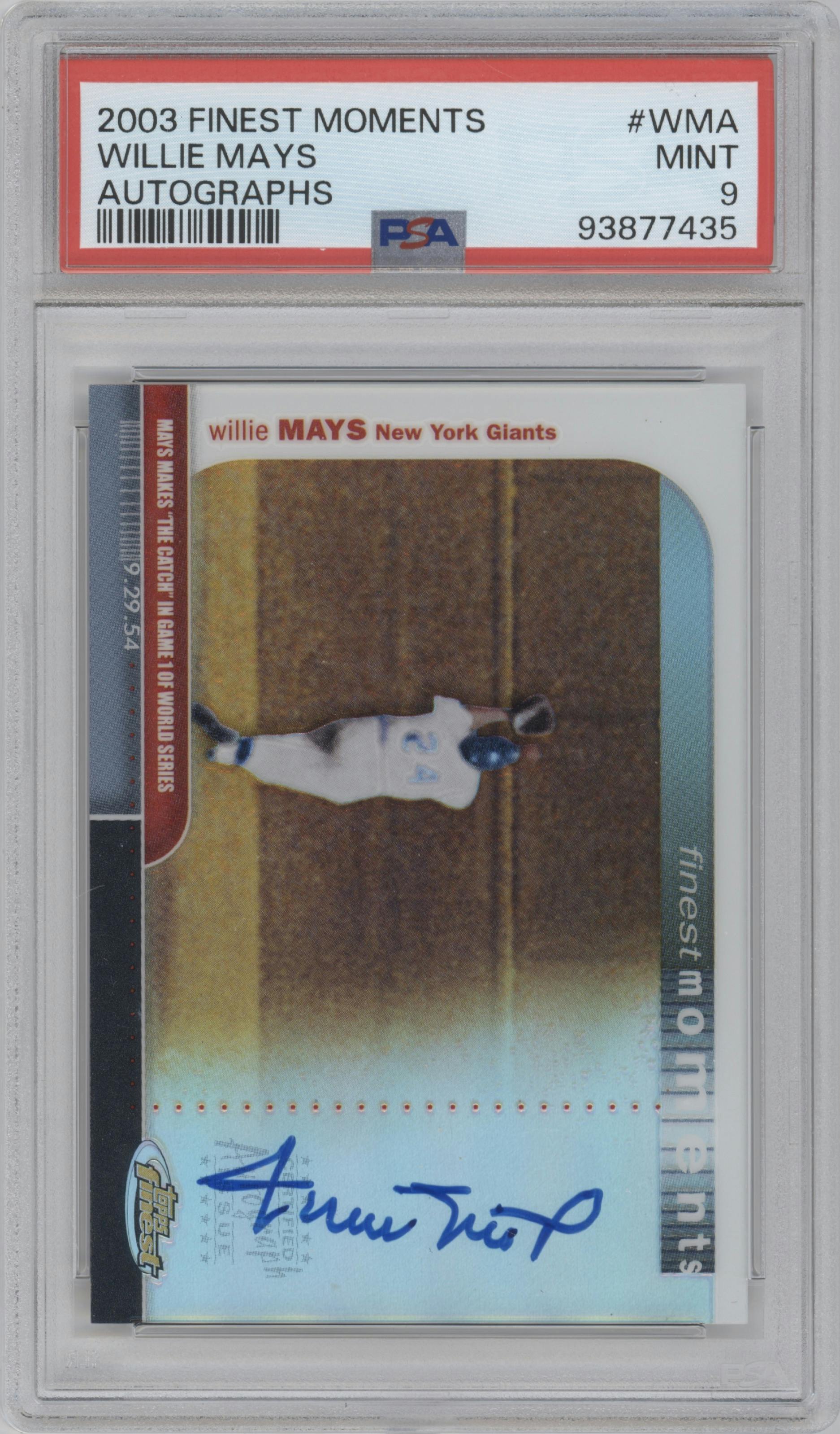 Willie Mays from the 2003 Topps Finest set graded by PSA and given an overall grade of 9.