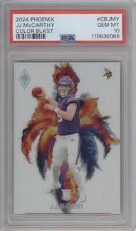 J.J. McCarthy from the 2024 Panini Phoenix set graded by PSA and given an overall grade of 10.