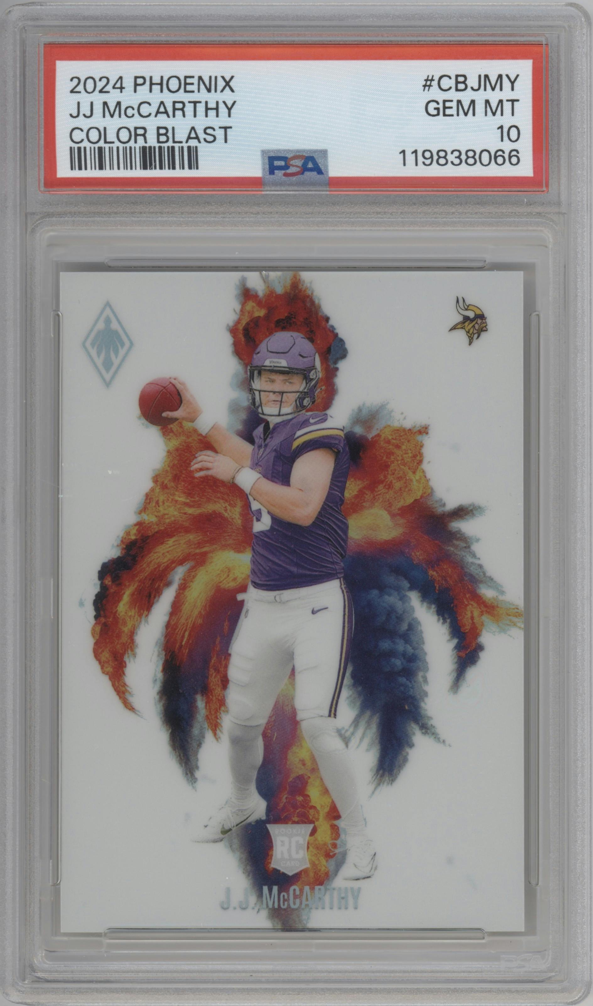 J.J. McCarthy from the 2024 Panini Phoenix set graded by PSA and given an overall grade of 10.