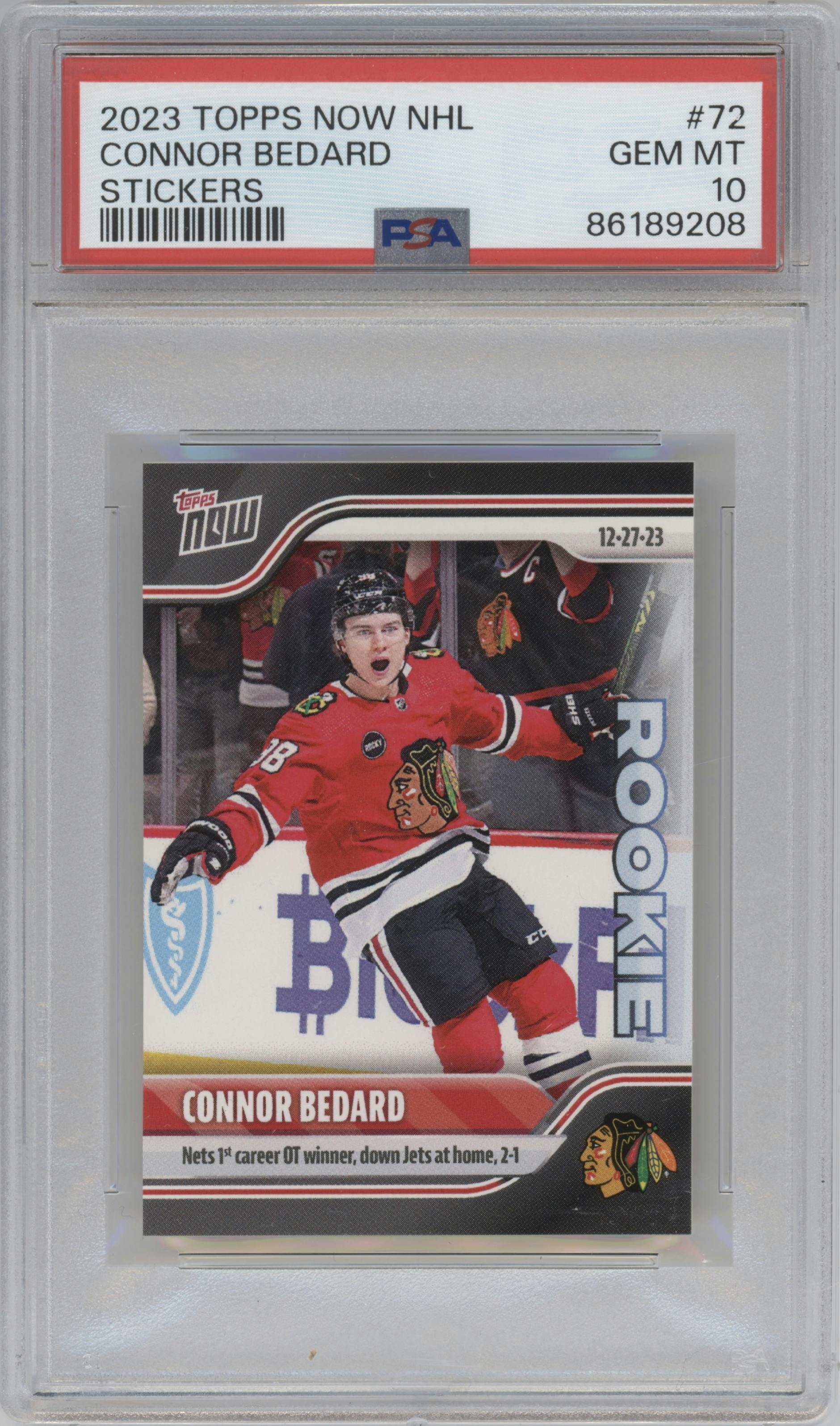 Connor Bedard from the 2023-24 Topps Now NHL Stickers set graded by PSA and given an overall grade of 10.