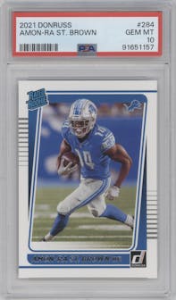 Amon-Ra St. Brown from the 2021 Panini Donruss set graded by PSA and given an overall grade of 10.
