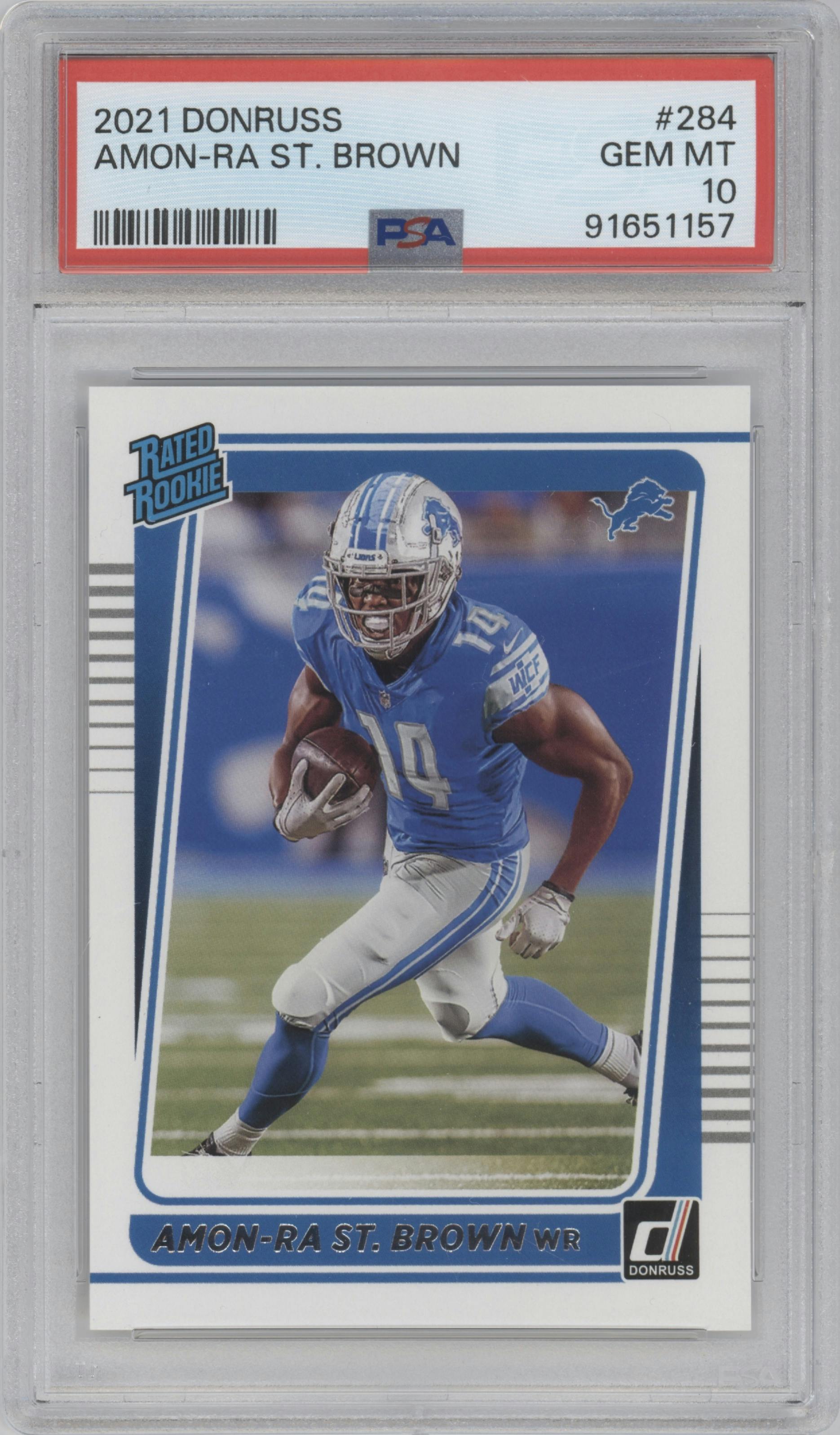 Amon-Ra St. Brown from the 2021 Panini Donruss set graded by PSA and given an overall grade of 10.