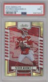 Patrick Mahomes II from the 2023 Panini Absolute set featuring a Gold Stars parallel graded by PSA and given an overall grade of 9.
