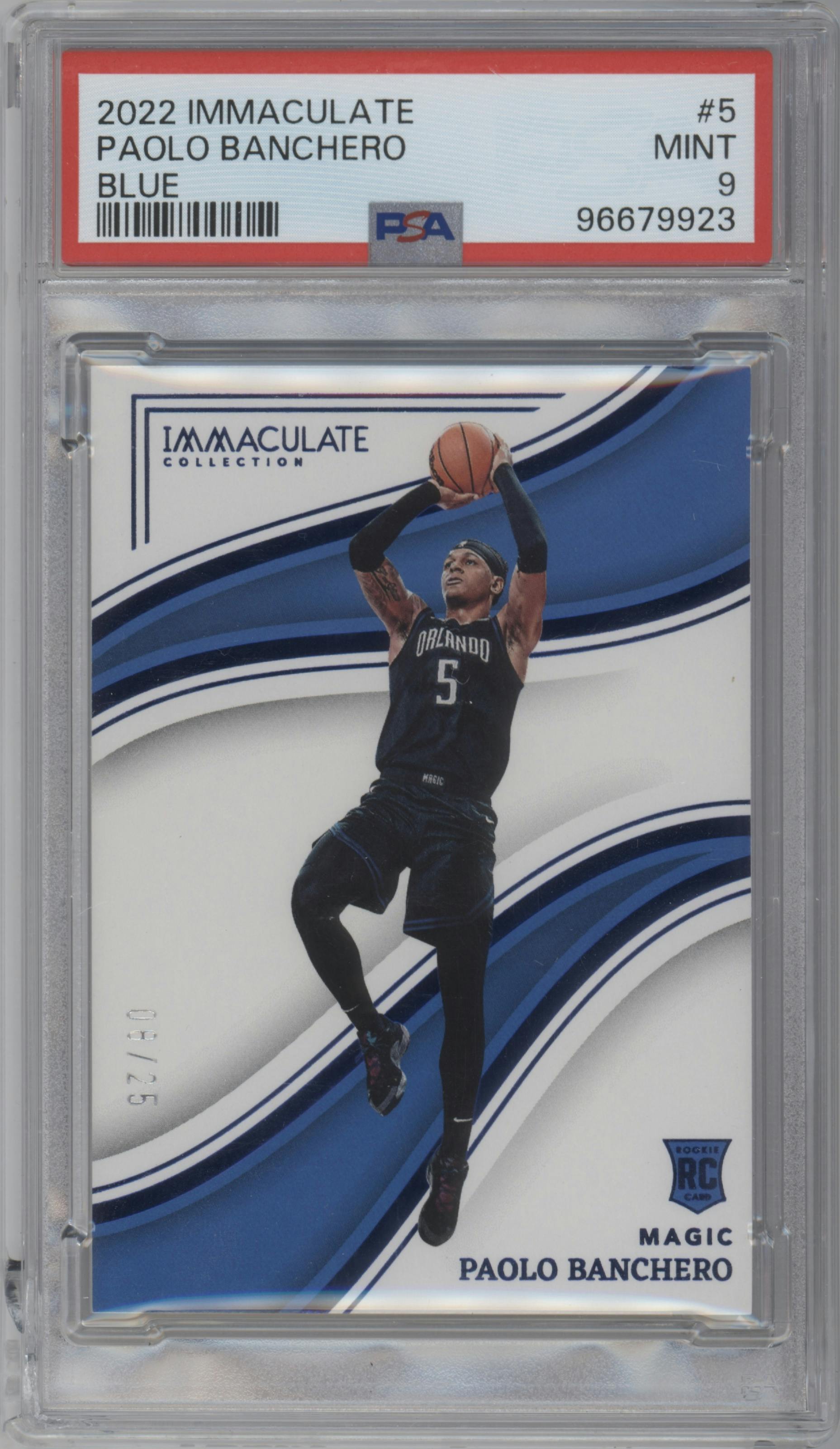 Paolo Banchero from the 2022-23 Panini Immaculate Collection set featuring a Blue parallel graded by PSA and given an overall grade of 9.