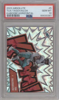 Tua Tagovailoa from the 2023 Panini Absolute set graded by PSA and given an overall grade of 10.