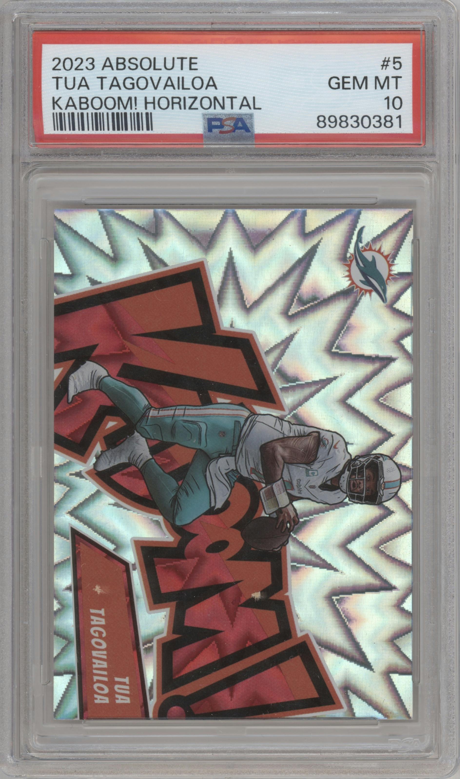 Tua Tagovailoa from the 2023 Panini Absolute set graded by PSA and given an overall grade of 10.