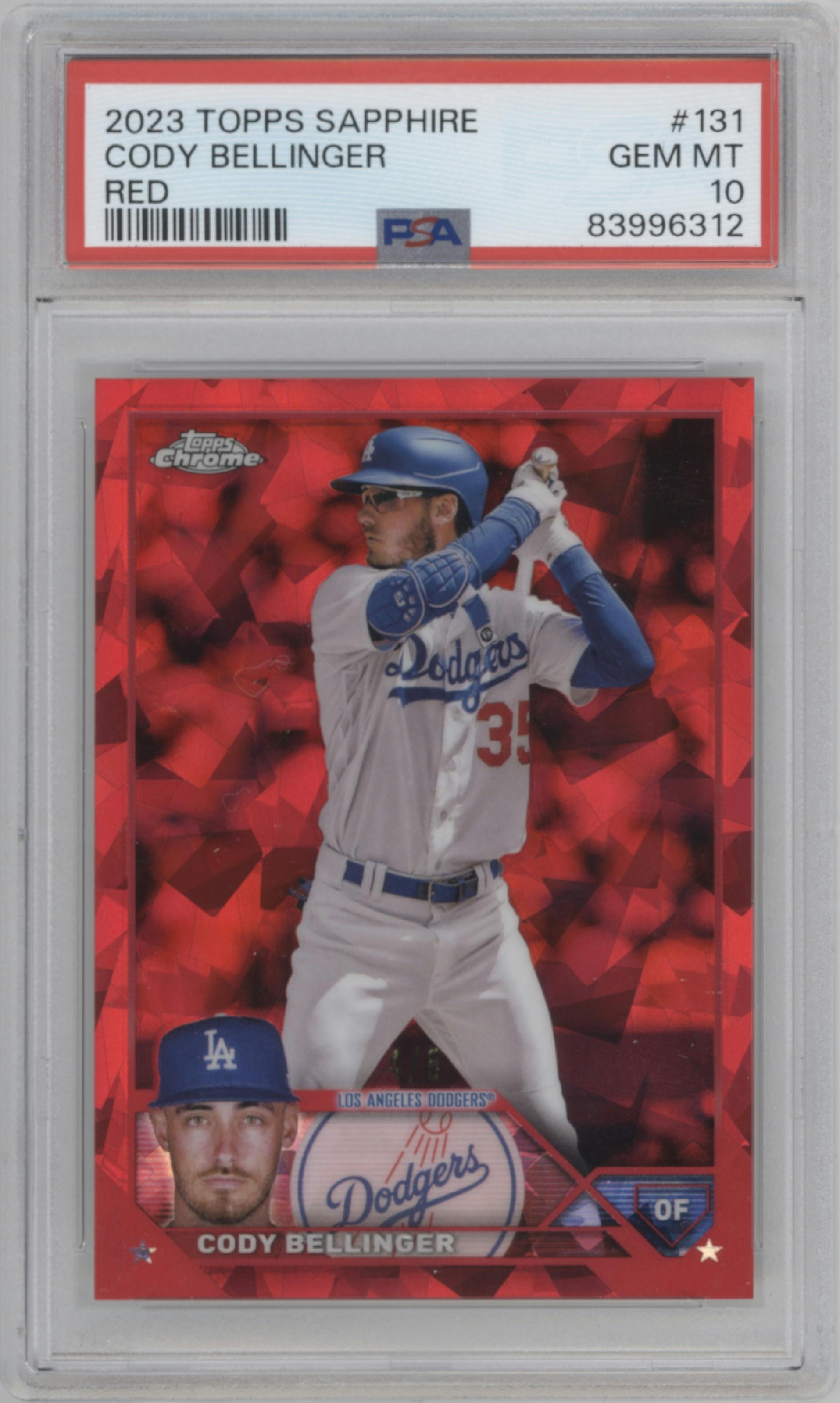 Cody Bellinger from the 2023 Topps Chrome Sapphire set featuring a Red parallel graded by PSA and given an overall grade of 10.