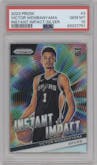 Victor Wembanyama from the 2023-24 Panini Prizm set featuring a Silver Prizm parallel graded by PSA and given an overall grade of 10.