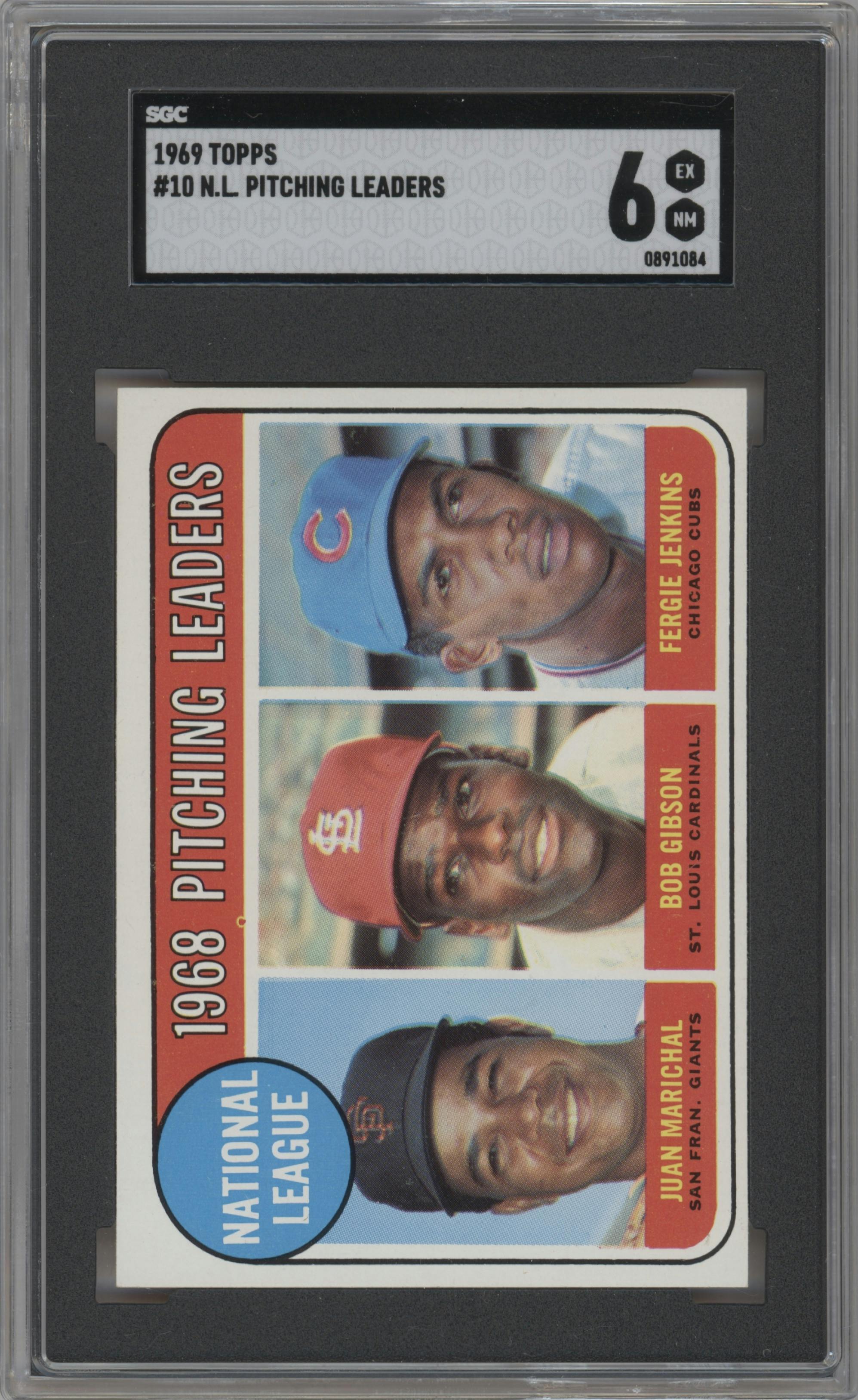 Juan Marichal/Bob Gibson/Fergie Jenkins from the 1969 Topps set graded by SGC and given an overall grade of 6.