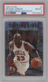 Michael Jordan from the 1995-96 Fleer Ultra set featuring a Hot Packs parallel graded by PSA and given an overall grade of 8.